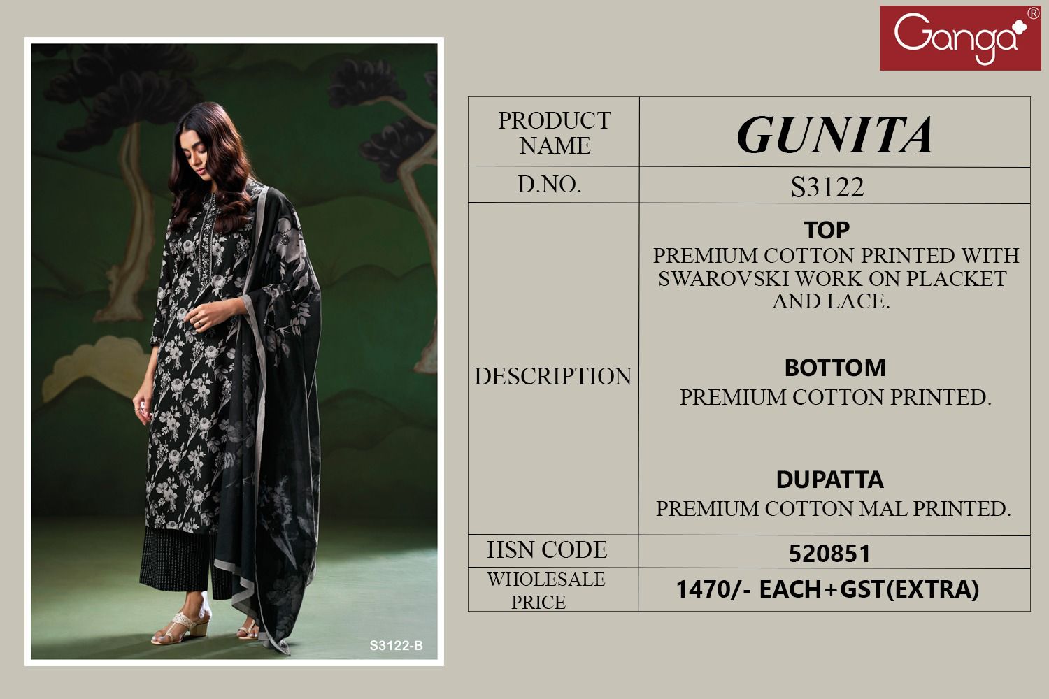 Gunita 3122 By Ganga Cotton Designer Dress Material Orders In India